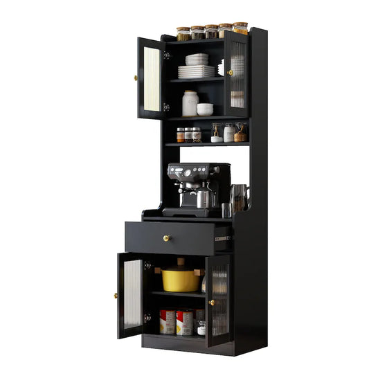 Black Kitchen Pantry Hutch Storage Cabinet, Farmhouse Kitchen Hutch Buffet Cabinet With Microwave Stand, Freestanding Buffet Sideboard Coffee Bar Cabinet
