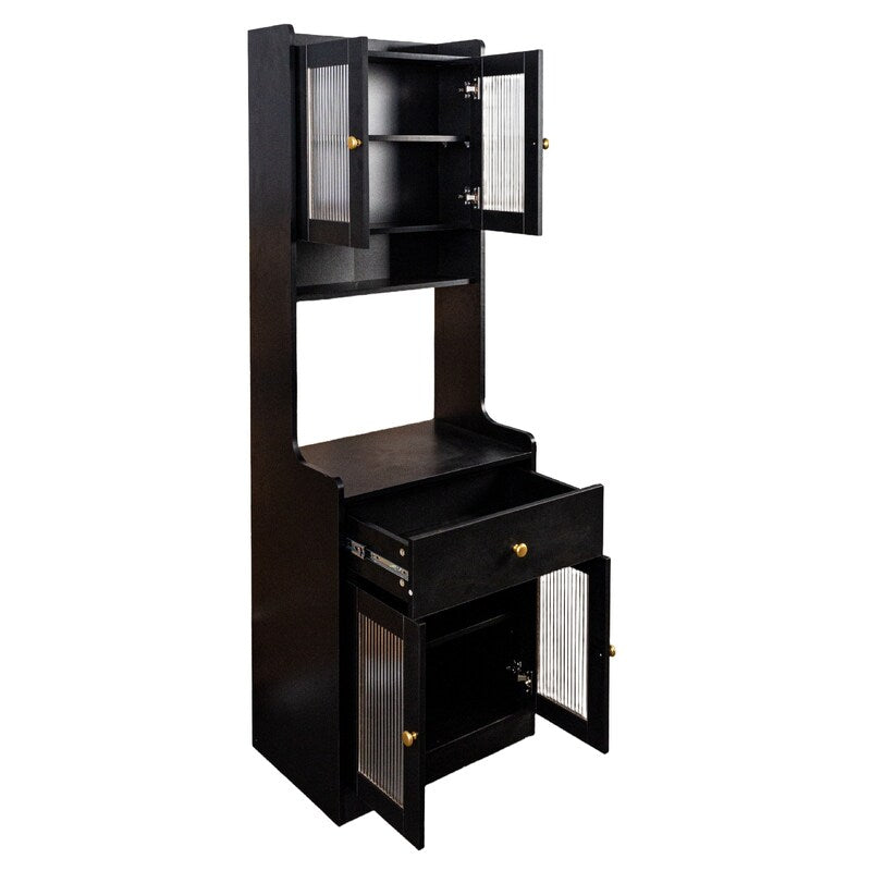 Black Kitchen Pantry Hutch Storage Cabinet, Farmhouse Kitchen Hutch Buffet Cabinet With Microwave Stand, Freestanding Buffet Sideboard Coffee Bar Cabinet