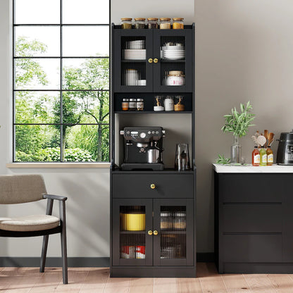 Black Kitchen Pantry Hutch Storage Cabinet, Farmhouse Kitchen Hutch Buffet Cabinet With Microwave Stand, Freestanding Buffet Sideboard Coffee Bar Cabinet