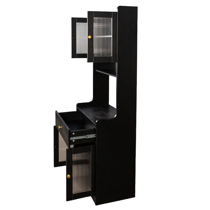 Black Kitchen Pantry Hutch Storage Cabinet, Farmhouse Kitchen Hutch Buffet Cabinet With Microwave Stand, Freestanding Buffet Sideboard Coffee Bar Cabinet