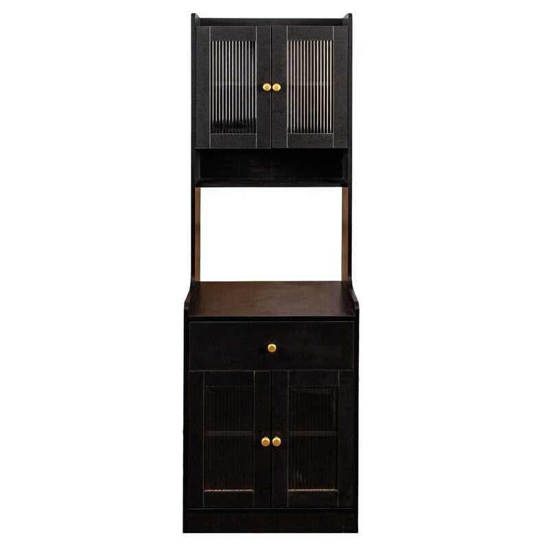 Black Kitchen Pantry Hutch Storage Cabinet, Farmhouse Kitchen Hutch Buffet Cabinet With Microwave Stand, Freestanding Buffet Sideboard Coffee Bar Cabinet