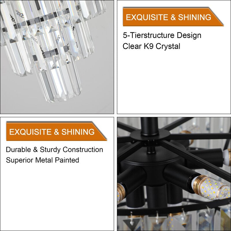Large Black Crystal Chandelier - 5-Tier K9 Crystal, 10x E12, Modern Luxury, Bulbs Not Included