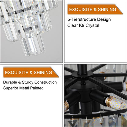 Large Black Crystal Chandelier - 5-Tier K9 Crystal, 10x E12, Modern Luxury, Bulbs Not Included
