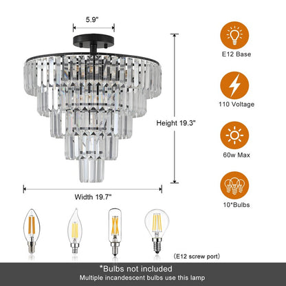 Large Black Crystal Chandelier - 5-Tier K9 Crystal, 10x E12, Modern Luxury, Bulbs Not Included