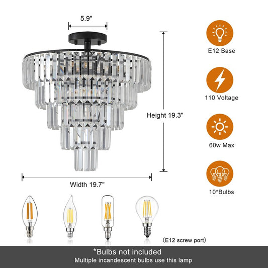 Large Black Crystal Chandelier - 5-Tier K9 Crystal, 10x E12, Modern Luxury, Bulbs Not Included