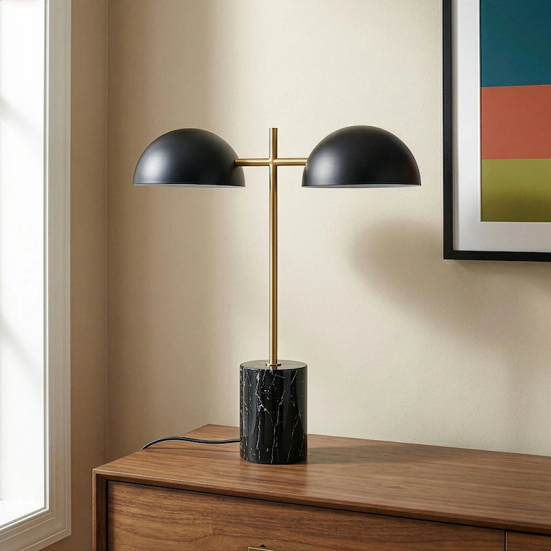 Black Gold Marble Table Lamp - Double Lamp with Faux Marble Base and On/Off Switch, E26