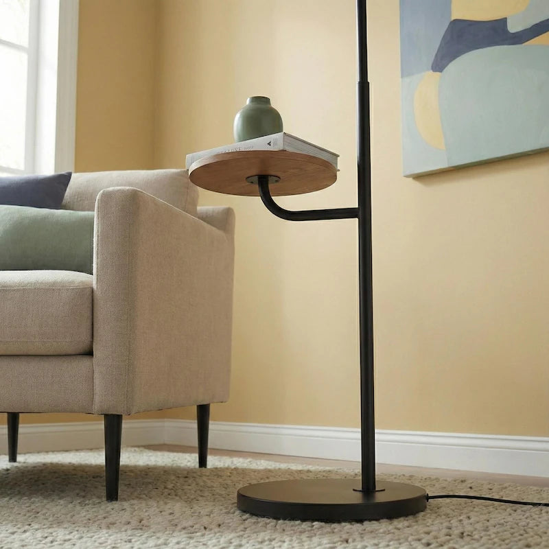 Seoul Black Floor Lamp - Wood Table & Metal Base with Rotary Switch