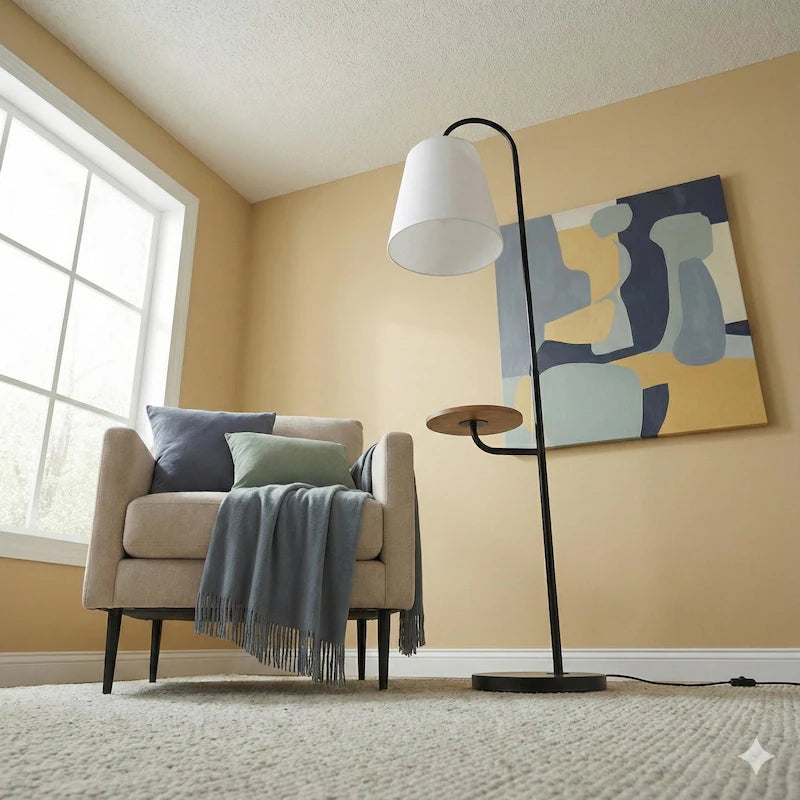 Seoul Black Floor Lamp - Wood Table & Metal Base with Rotary Switch
