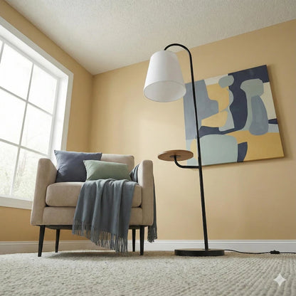 Seoul Black Floor Lamp - Wood Table & Metal Base with Rotary Switch
