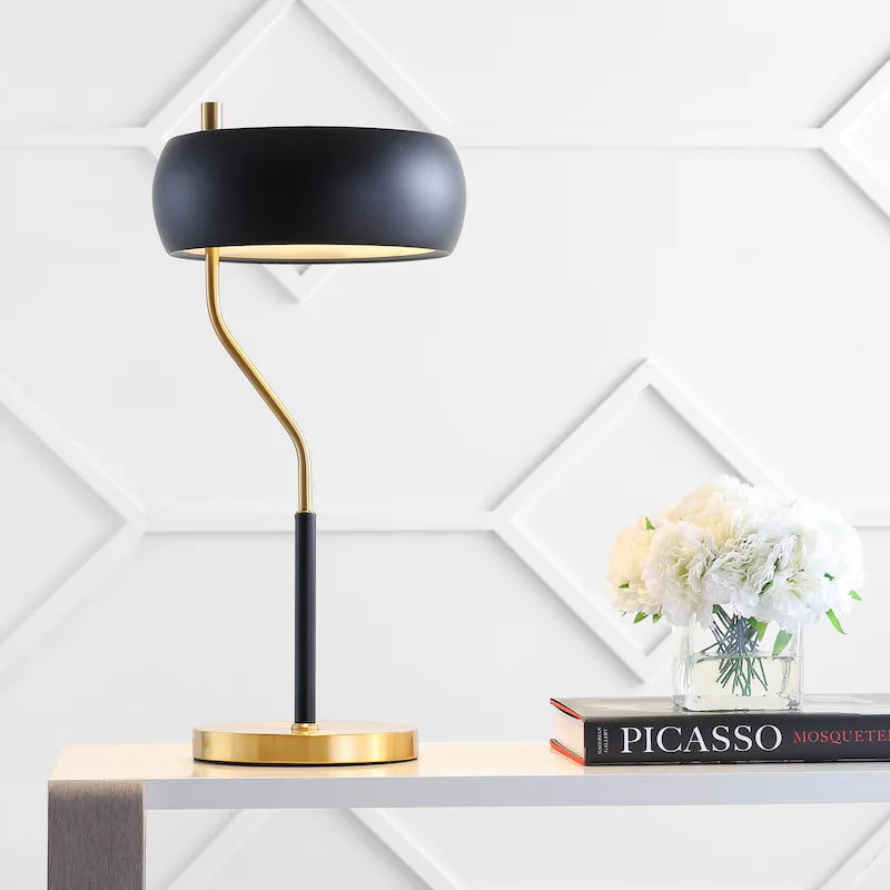 Gold Metal Table Lamp with Off-White Drum Shade - E26 Bedside & Living Room Light
