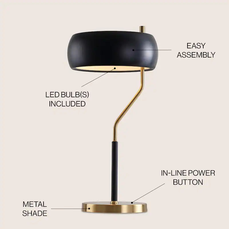Gold Metal Table Lamp with Off-White Drum Shade - E26 Bedside & Living Room Light