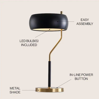 Gold Metal Table Lamp with Off-White Drum Shade - E26 Bedside & Living Room Light