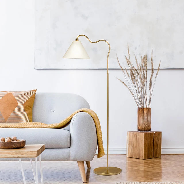 Brass Ring Floor Lamp - Curved Stand with White Drum Shade