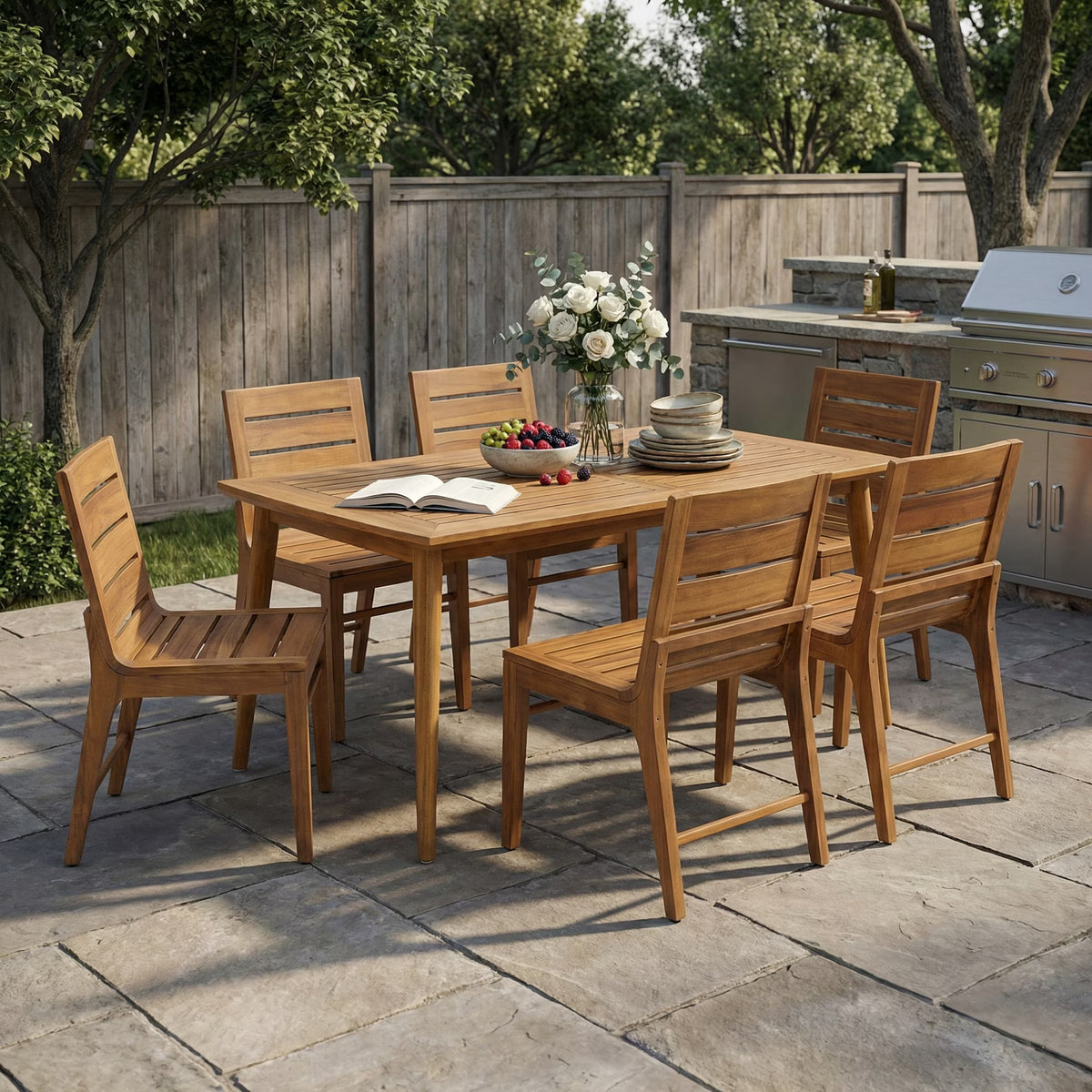 7-Piece Outdoor Acacia Wood Dining Set - 71" Teak Table with 6 Ergonomic Chairs