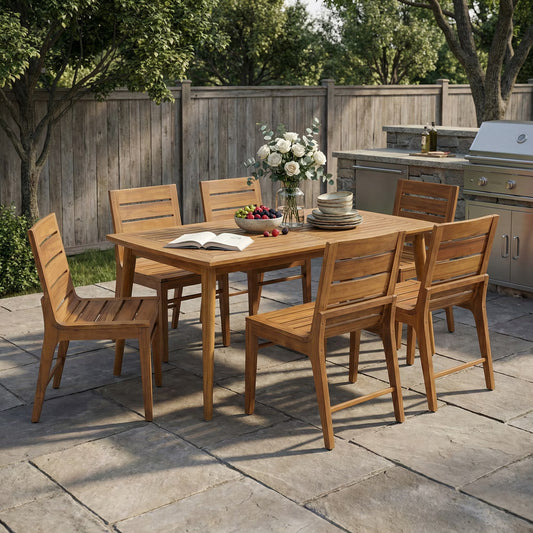 7-Piece Outdoor Acacia Wood Dining Set - 71" Teak Table with 6 Ergonomic Chairs
