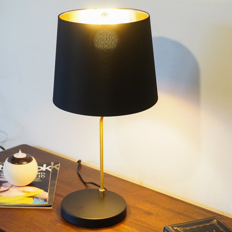 Modern Black & Gold Desk Lamp with Fabric Shade - E26 Bedside Table Lamp