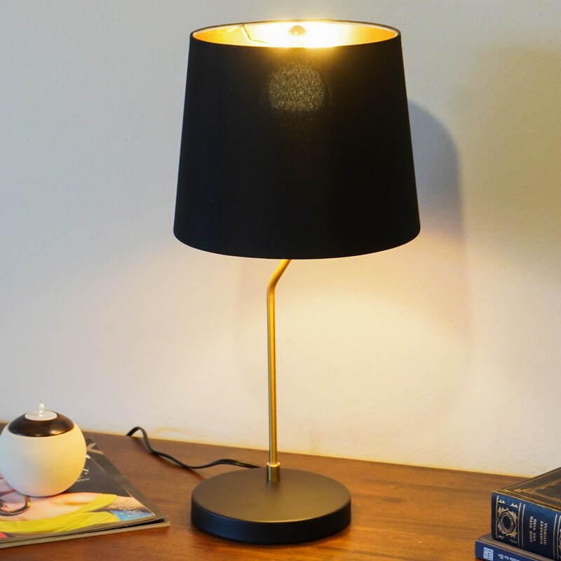Modern Black & Gold Desk Lamp with Fabric Shade - E26 Bedside Table Lamp