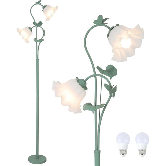 Vintage Flower Floor Lamp - Green Acrylic Floral Shade, 2x LED 5W Bulbs Included, Foot Switch