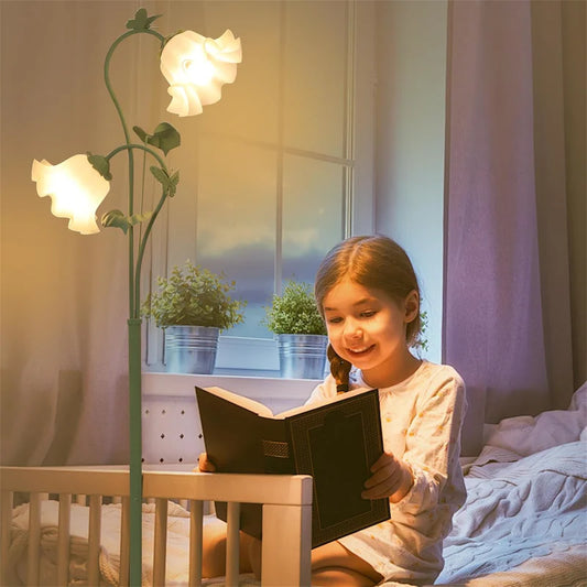 Vintage Flower Floor Lamp - Green Acrylic Floral Shade, 2x LED 5W Bulbs Included, Foot Switch