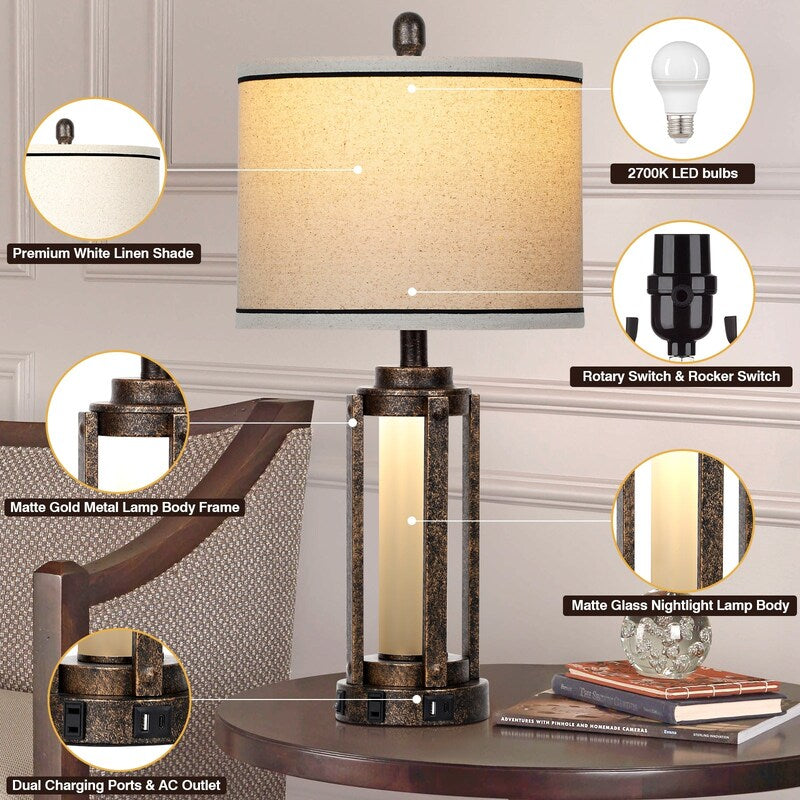Farmhouse Bedside Table Lamps Set of 2 with USB Ports - Nightstand Desk Lamps for Bedroom