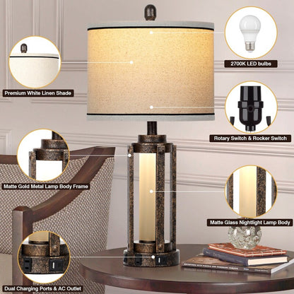 Farmhouse Bedside Table Lamps Set of 2 with USB Ports - Nightstand Desk Lamps for Bedroom