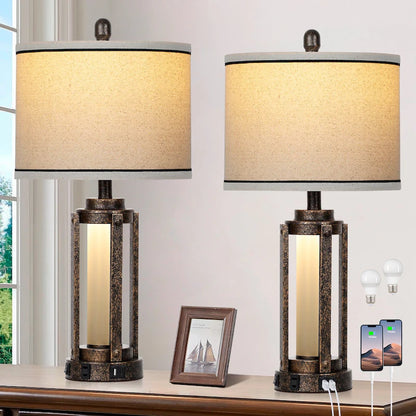 Farmhouse Bedside Table Lamps Set of 2 with USB Ports - Nightstand Desk Lamps for Bedroom