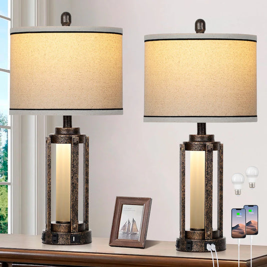 Farmhouse Bedside Table Lamps Set of 2 with USB Ports - Nightstand Desk Lamps for Bedroom