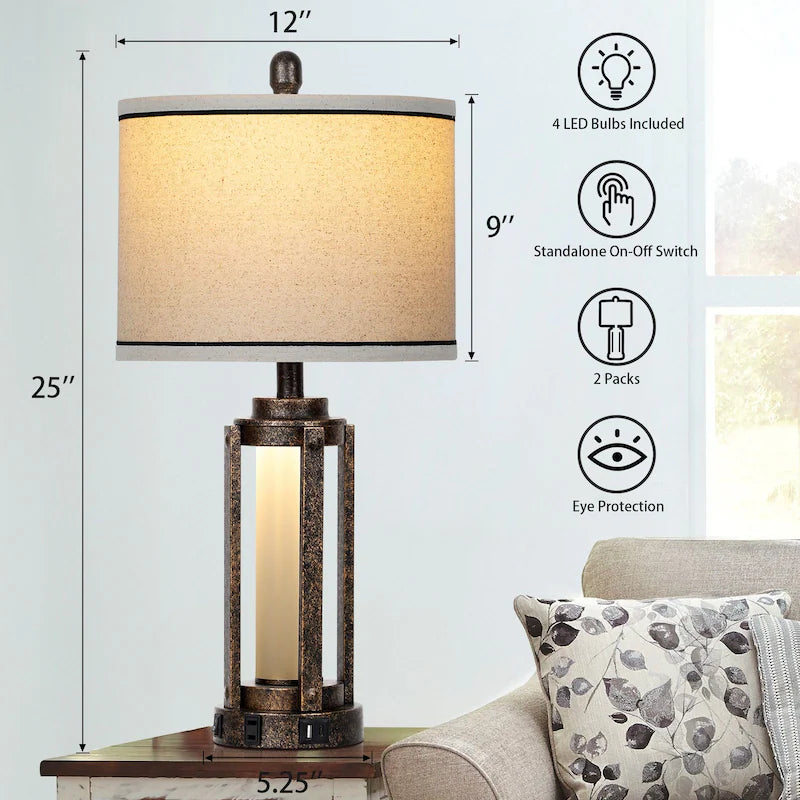Farmhouse Bedside Table Lamps Set of 2 with USB Ports - Nightstand Desk Lamps for Bedroom