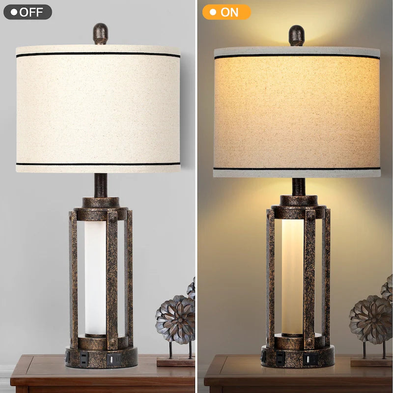 Farmhouse Bedside Table Lamps Set of 2 with USB Ports - Nightstand Desk Lamps for Bedroom