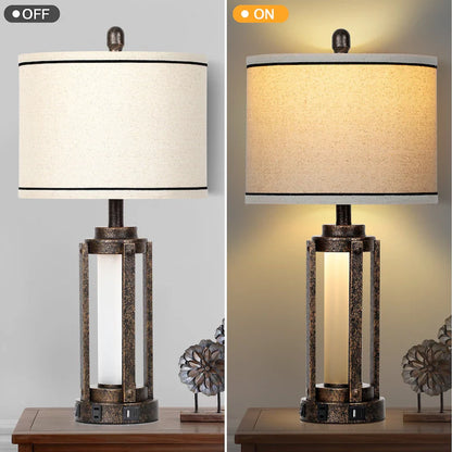 Farmhouse Bedside Table Lamps Set of 2 with USB Ports - Nightstand Desk Lamps for Bedroom