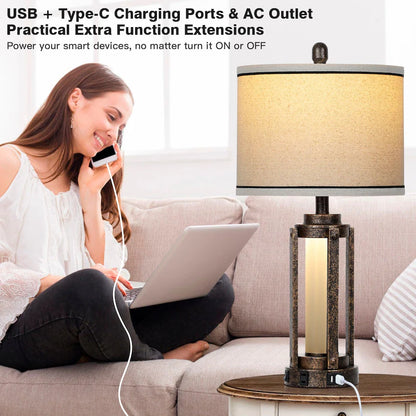 Farmhouse Bedside Table Lamps Set of 2 with USB Ports - Nightstand Desk Lamps for Bedroom