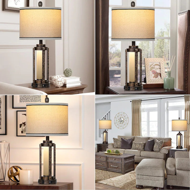 Farmhouse Bedside Table Lamps Set of 2 with USB Ports - Nightstand Desk Lamps for Bedroom