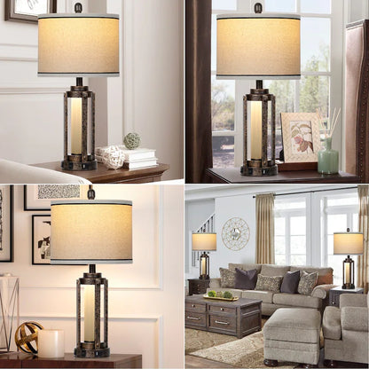 Farmhouse Bedside Table Lamps Set of 2 with USB Ports - Nightstand Desk Lamps for Bedroom