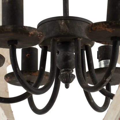 6-Light Pine Wood Chandelier - Distressed White, Adjustable Chain, E12, Bulbs Not Included