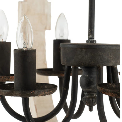 6-Light Pine Wood Chandelier - Distressed White, Adjustable Chain, E12, Bulbs Not Included