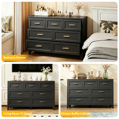 7-Drawer Black Metal Dresser - Wide Low-Profile Storage Cabinet for Bedroom & Living Room