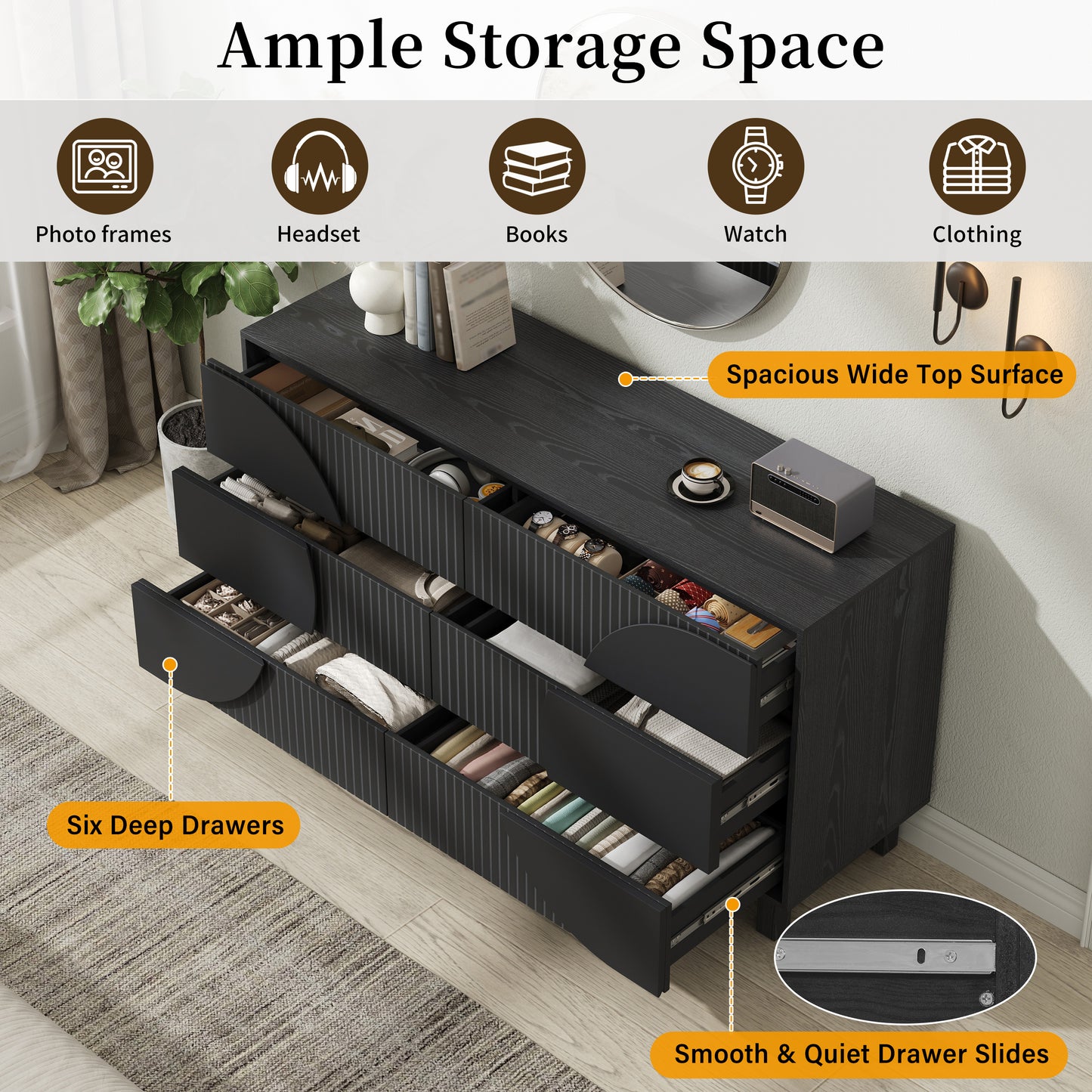 60" Fluted 6-Drawer Dresser with Solid Wood Legs & TV Stand Top - Modern Bedroom Chest, Carbon Black