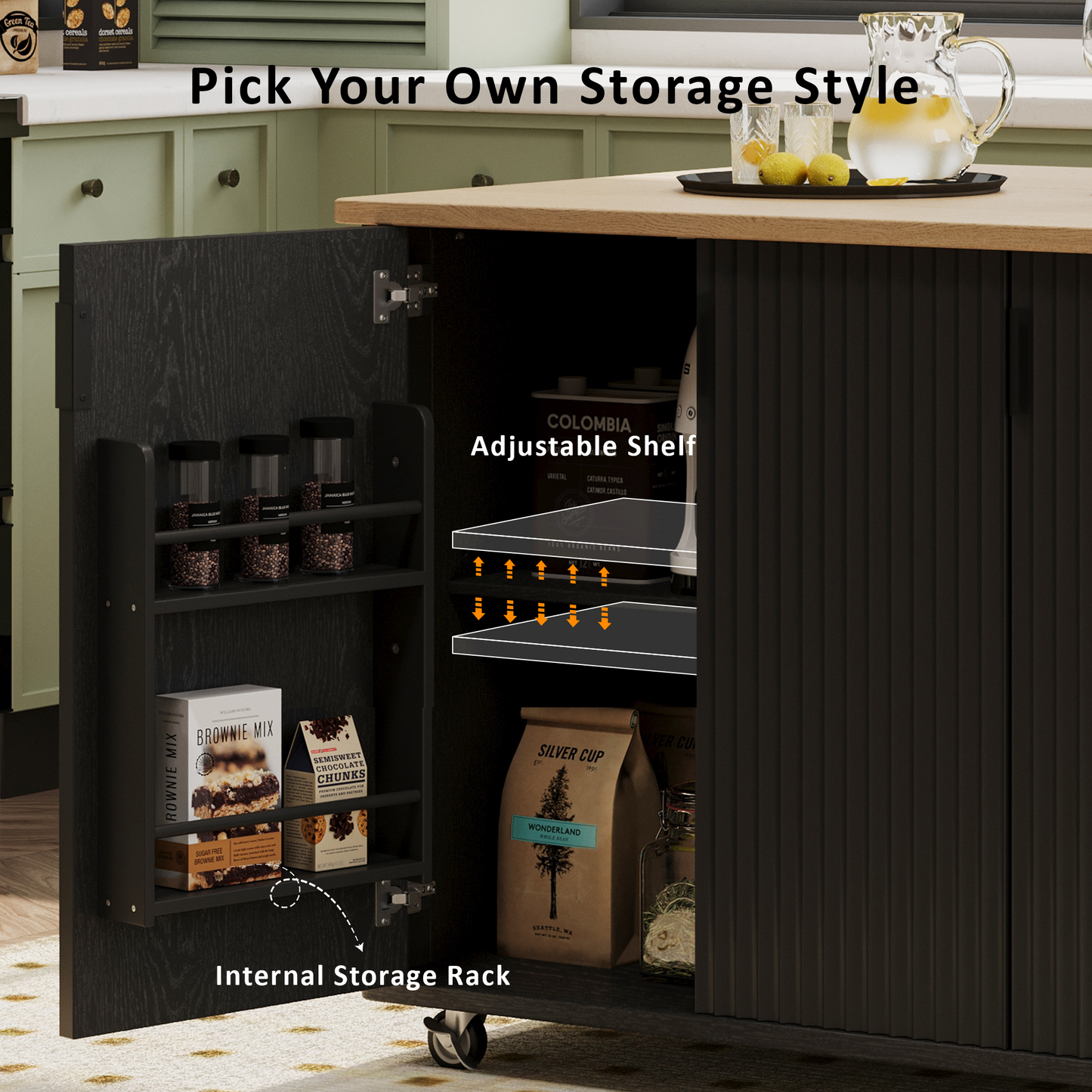 51" Fluted Kitchen Island with Drop Leaf, Rolling Kitchen Cart with Internal Storage Rack and Towel Rack, Black
