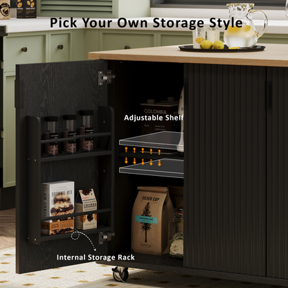 51" Fluted Kitchen Island with Drop Leaf, Rolling Kitchen Cart with Internal Storage Rack and Towel Rack, Black