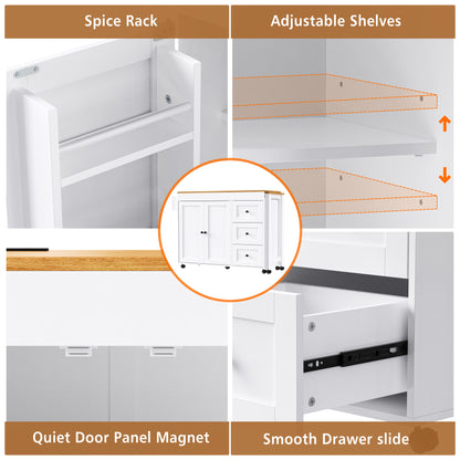 74.8" Kitchen Island with Extendable Dining Table, 3 Drawers, Power Outlet, Spice Rack and 2-Door Cabinet on Wheels, White