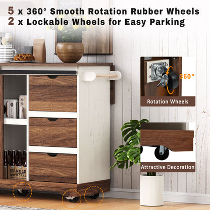 55.5" Farmhouse Kitchen Island with Drop Leaf, Sliding Barn Door, Power Outlet and Spice Rack, Rolling Kitchen Cart, White