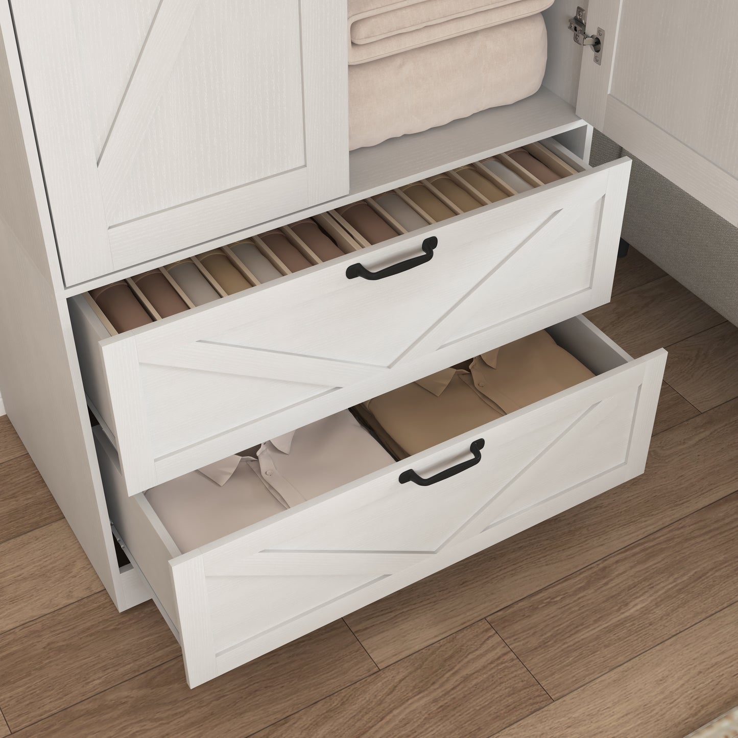 Wood Wardrobe Closet with 2 Doors, Mirror, Induction Light & 2 Drawers - 71" Bedroom Cabinet, White
