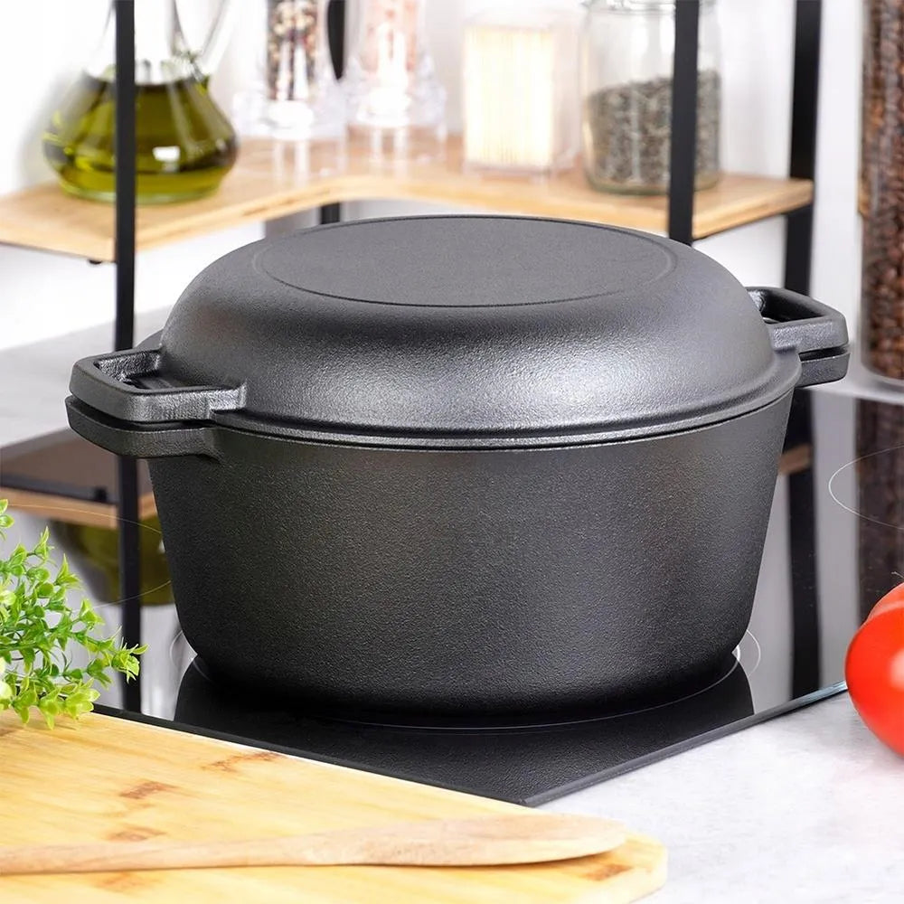 Pre-Seasoned 2-in-1 Cast Iron Dutch Oven with Skillet Lid, Dual Handles and Silicone Handle Covers, Black