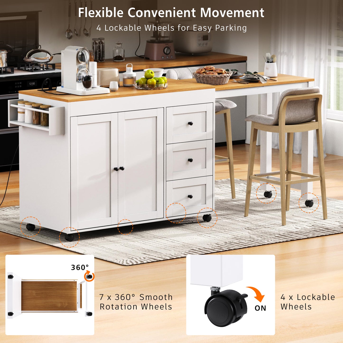 74.8" Kitchen Island with Extendable Dining Table, 3 Drawers, Power Outlet, Spice Rack and 2-Door Cabinet on Wheels, White