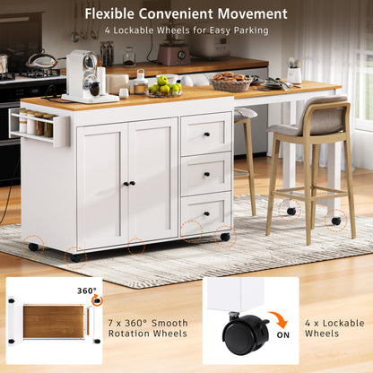 74.8" Kitchen Island with Extendable Dining Table, 3 Drawers, Power Outlet, Spice Rack and 2-Door Cabinet on Wheels, White