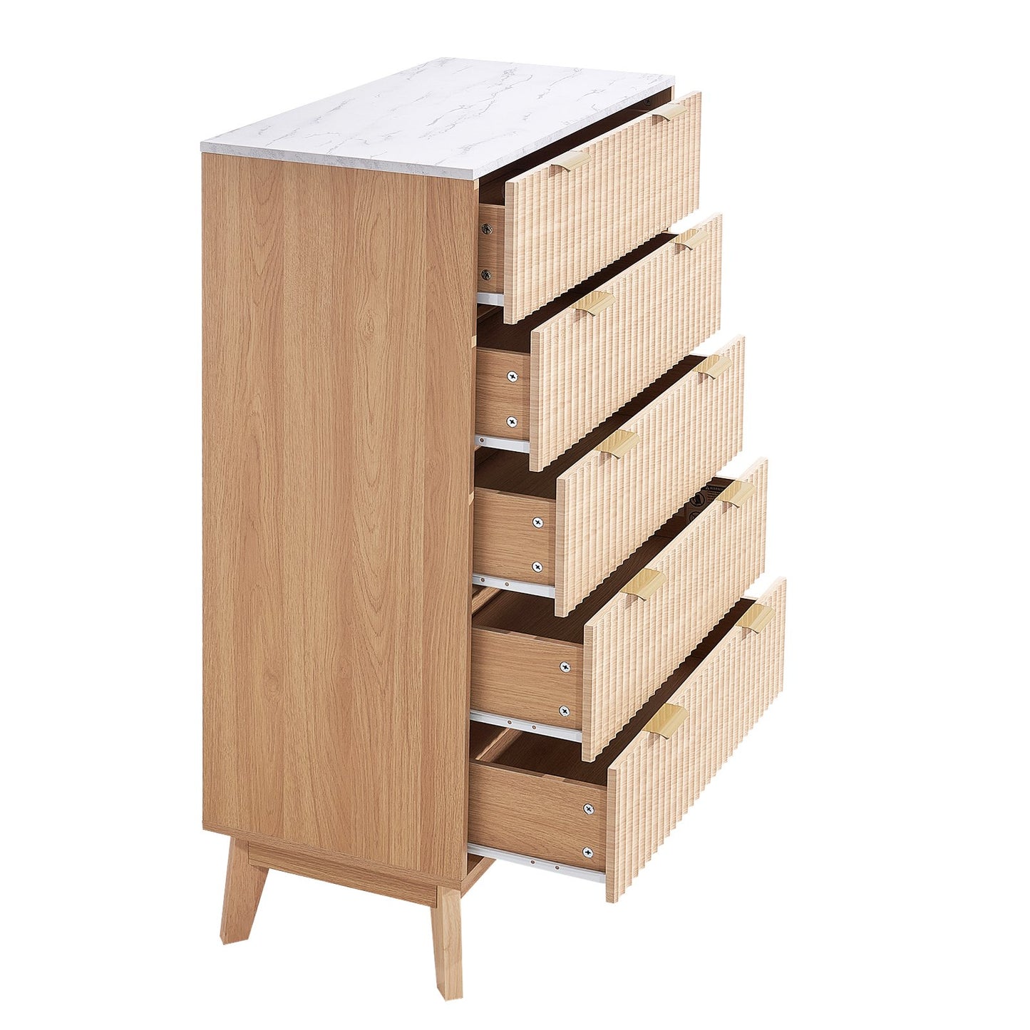 5-Drawer Fluted Dresser with Metal Handles & Anti-Tip Device - Modern Bedroom Chest, Light Wood