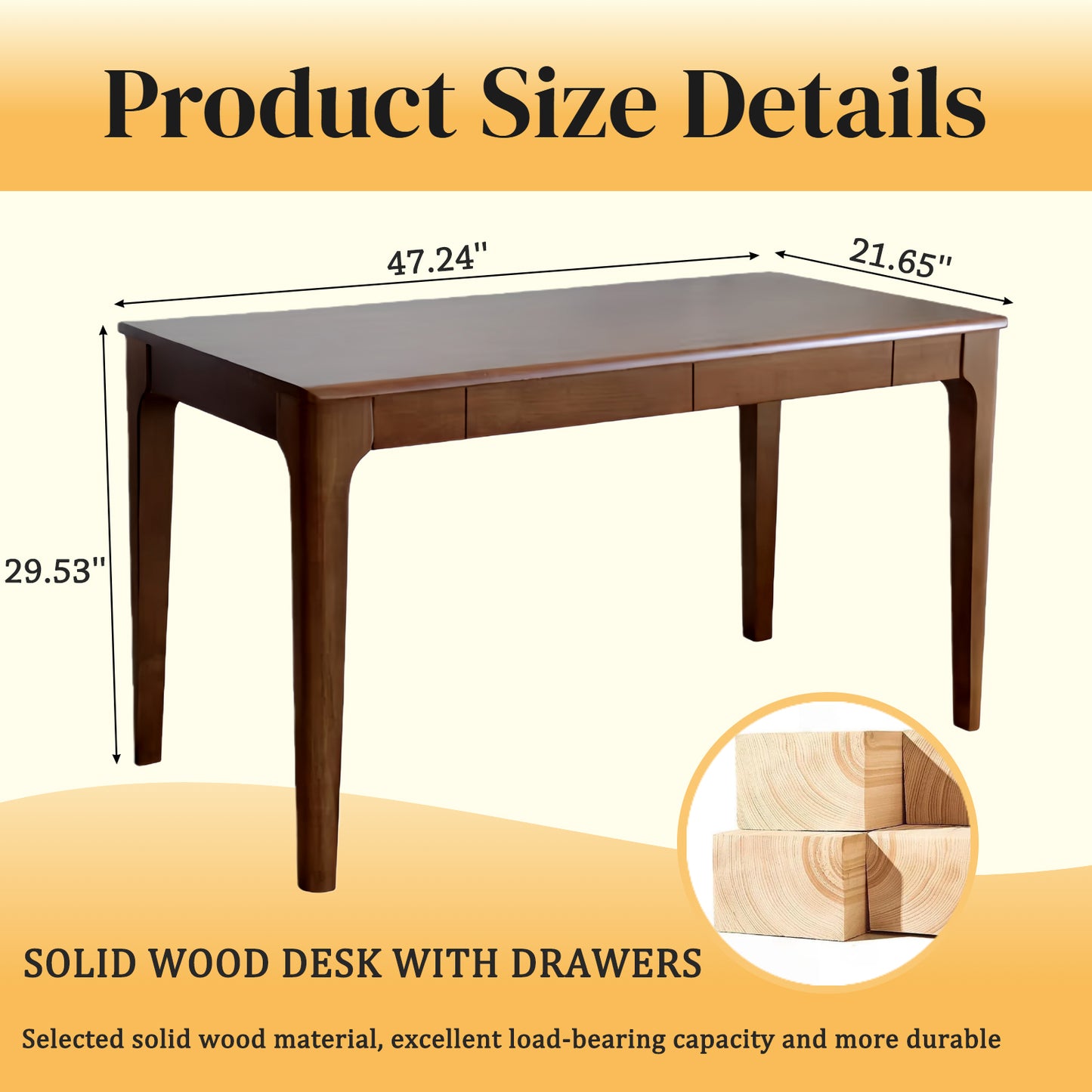 47" Solid Wood Desk with 2 Drawers - Mid-Century Modern Home Office Desk for Small Spaces, Walnut
