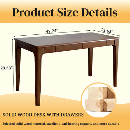 47" Solid Wood Desk with 2 Drawers - Mid-Century Modern Home Office Desk for Small Spaces, Walnut