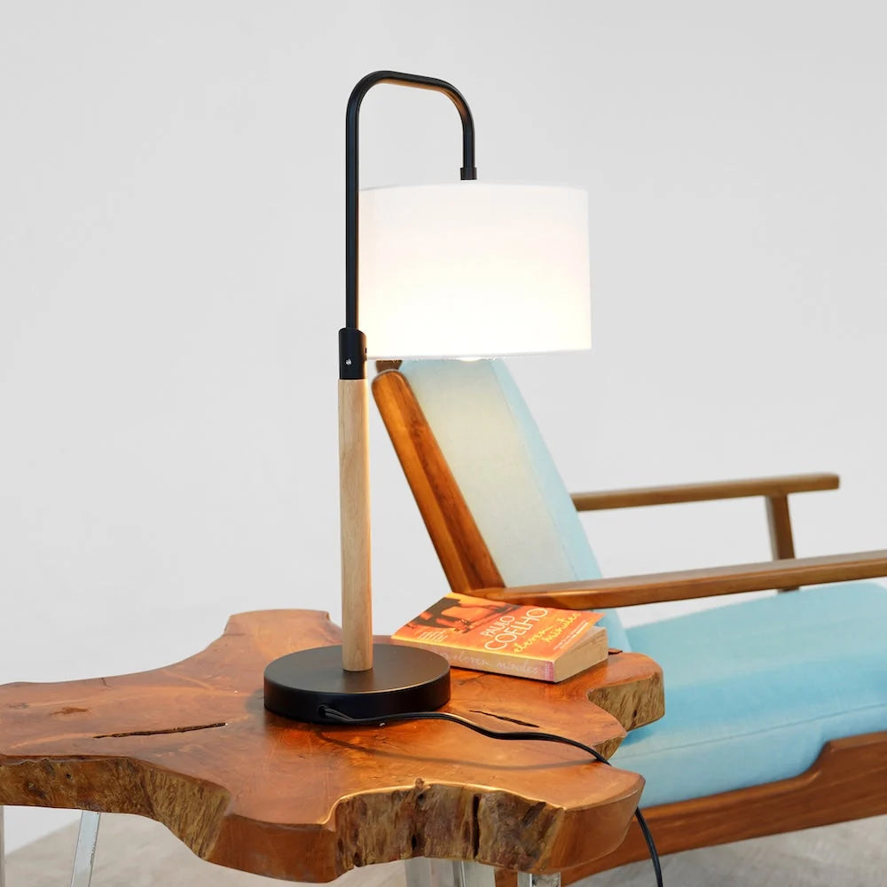 Modern Desk Lamp - Metal & Wood Table Lamp with Cylinder Shade, E26, 110V