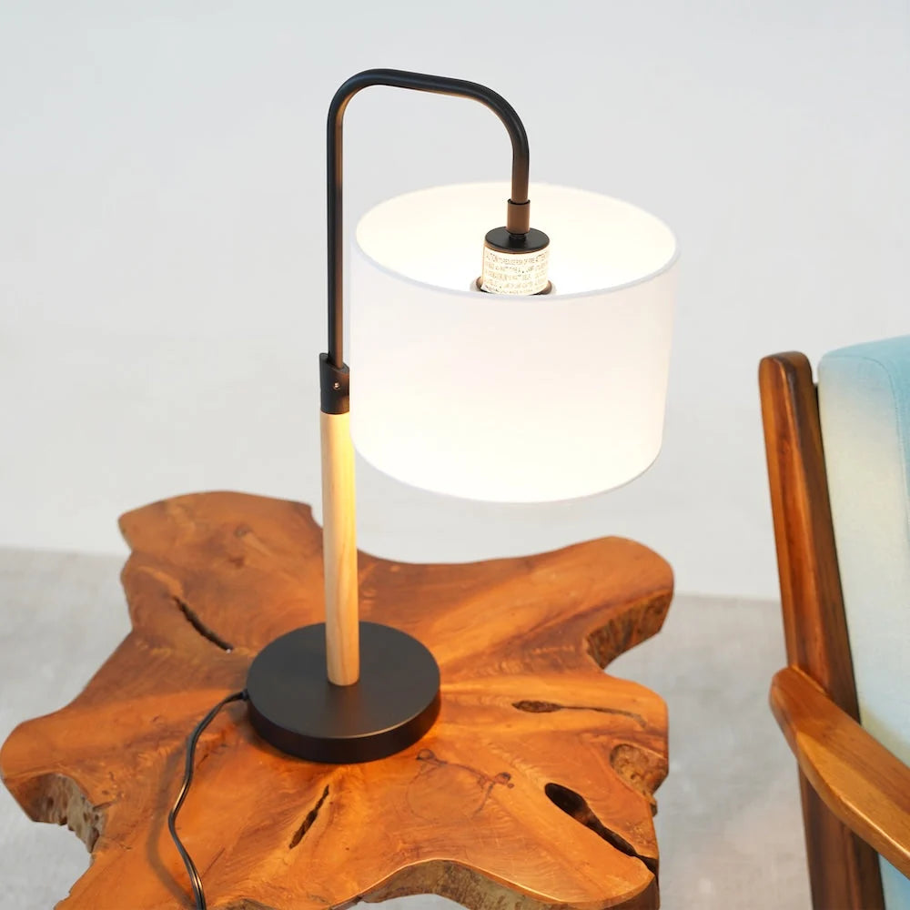 Modern Desk Lamp - Metal & Wood Table Lamp with Cylinder Shade, E26, 110V